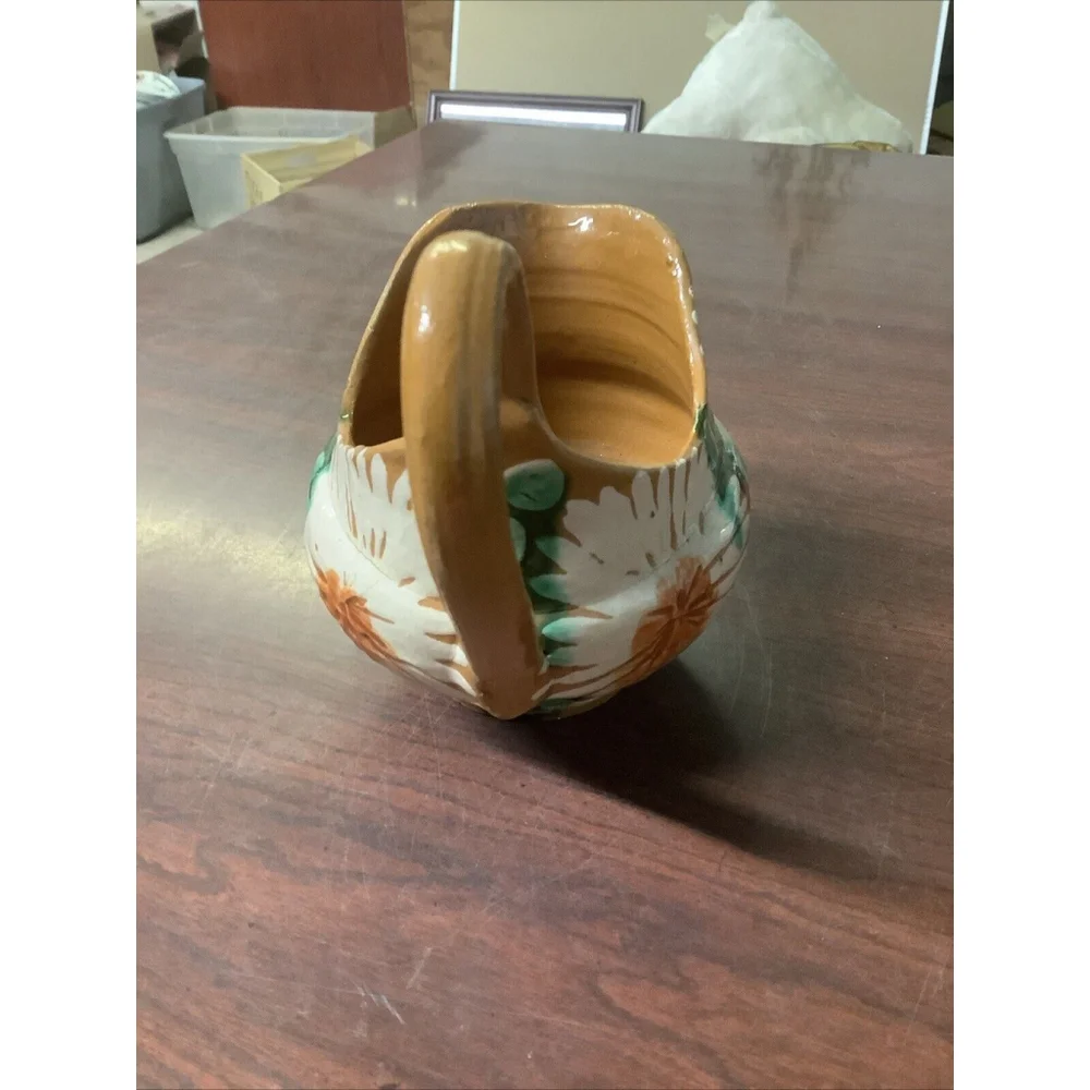 VTG Mexico Signed Pottery Creamer Milk Pitcher Flowers Hand Painted 5.5”x6.5”